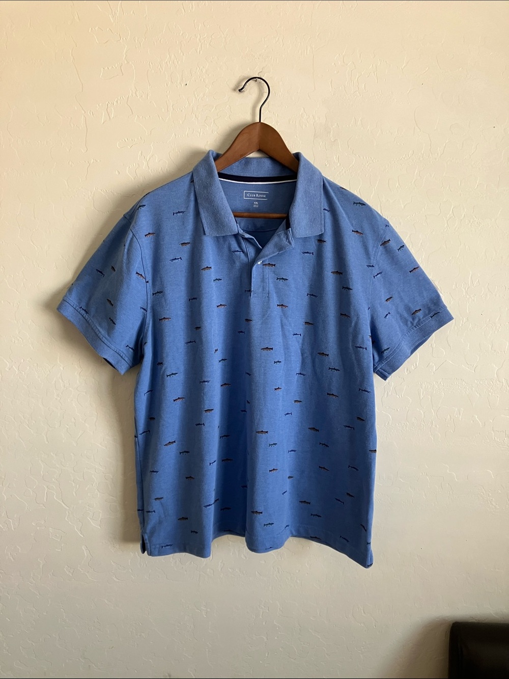 Club Room Mens XXL Fish Print Polo Shirt Blue Short Sleeve Casual Fits XL